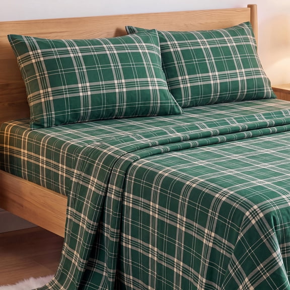 Regency Heights 100% Cotton Flannel Sheet Set Queen Size, 4-Piece Brushed Flannel Bed Sheets, Classic Holiday Green Plaid Bedding Set with Deep Pocket Fitted Sheet & Pillowcases, Gift for Christmas