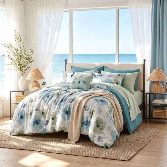 Regency Heights Queen Comforter Sets, 10 Pieces Reversible Floral Bedding Sets, Cozy Botanical Flowers Seersucker Comforter Bed Set with Decor Pillow, Sage/Teal