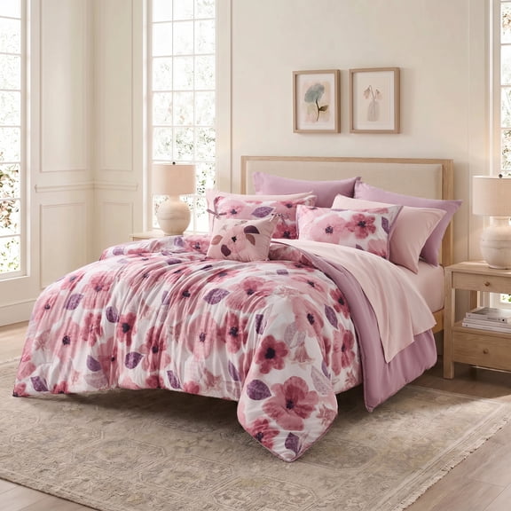 Regency Heights Queen Comforter Sets, 10 Pieces Reversible Floral Bedding Sets, Cozy Botanical Flowers Seersucker Comforter Bed Set with Decor Pillow, Mauve