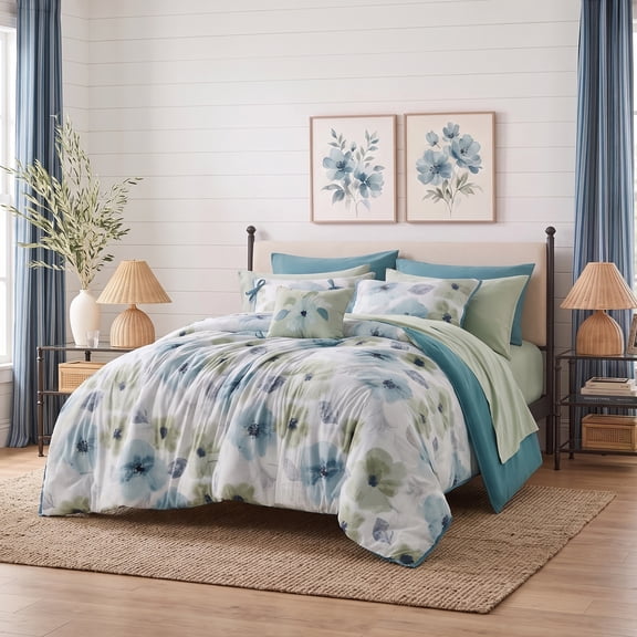 Regency Heights Queen Comforter Sets, 10 Pieces Reversible Floral Bedding Sets, Cozy Botanical Flowers Seersucker Comforter Bed Set with Decor Pillow, Sage/Teal