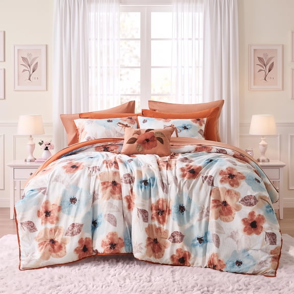 Regency Heights King Comforter Sets, 10 Pieces Reversible Floral Bedding Sets, Cozy Botanical Flowers Seersucker Comforter Bed Set with Decor Pillow, Brown/Aqua