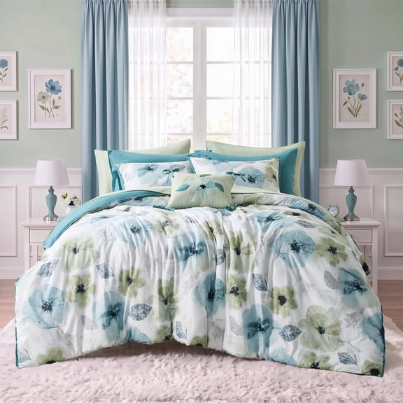 Regency Heights Queen Comforter Sets, 10 Pieces Reversible Floral Bedding Sets, Cozy Botanical Flowers Seersucker Comforter Bed Set with Decor Pillow, Sage/Teal