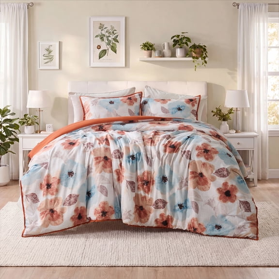 Regency Heights Twin/Twin-XL Comforter Sets, 2 Pieces Reversible Floral Bedding Sets, Cozy Botanical Flowers Seersucker Comforter Bed Set with Pillow Sham, Brown/Aqua