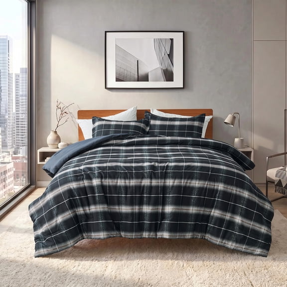 Regency Heights 2-Piece Comforter Sets, Reversible Plaid Comforter Set for Dorm, Lightweight All Season Bedding Set with Pillow Shams,Twin/Twin XL, Plaid-Charcoal