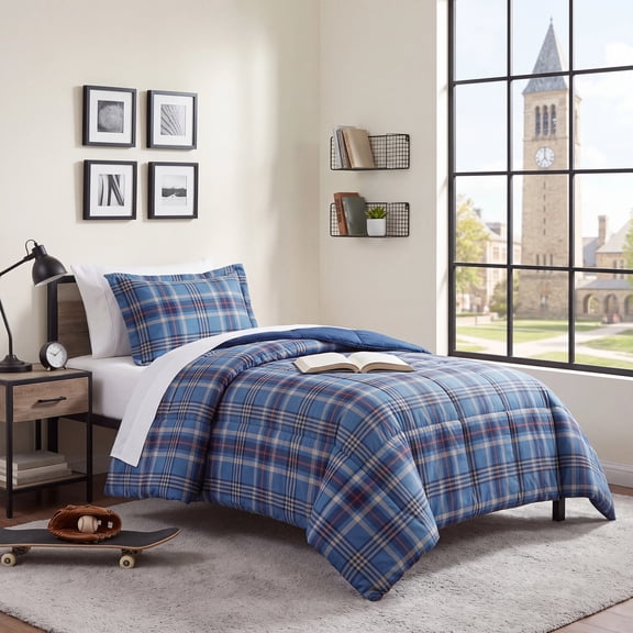 Regency Heights 2-Piece Plaid Comforter Set, Extra Soft Down Alternative Comforter Bed Set for Dorm, Reversible Bedding Set with Pillow Sham for All Season, Navy Blue, Twin/Twin XL
