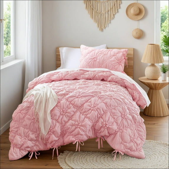 Regency Heights Twin/Twin-XL Textured Floral Comforter Set, Puffy Bow Tie Dorm Bedding Sets, 2-Piece Pink Elastic Ruching Comforter Bed Set with Sham for All Season