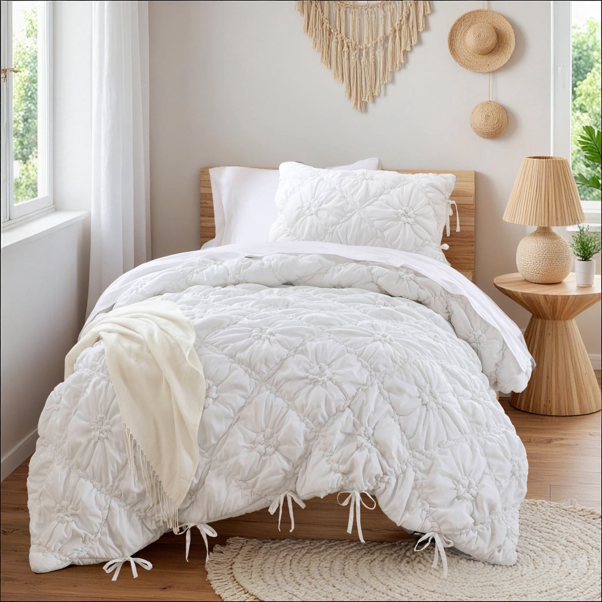 Regency Heights Twin/Twin-XL Textured Floral Comforter Set, Puffy Bow Tie Dorm Bedding Sets, 2-Piece White Elastic Ruching Comforter Bed Set with Sham for All Season