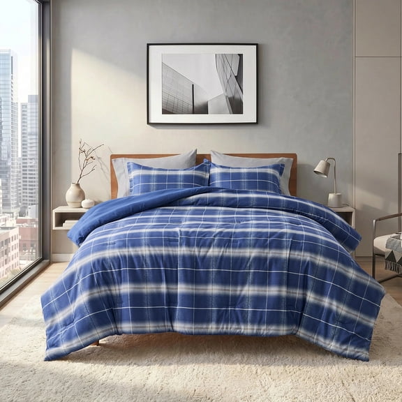 Regency Heights 3-Piece Comforter Sets, Reversible Plaid Comforter Set for Dorm, Lightweight All Season Bedding Set with Pillow Shams,Full/Queen, Plaid-Denim Blue
