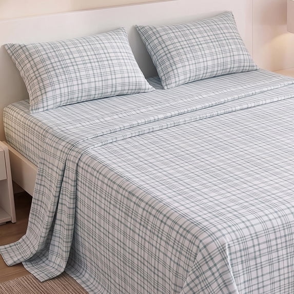 Regency Heights Flannel Cotton Sheet Set, 3-Piece Twin Bed Sheets with Pillowcase, Plaid Printed Sheet Bedding Sets, Light Green