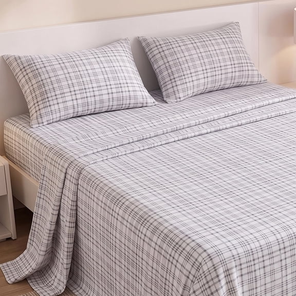 Regency Heights Flannel Cotton Sheet Set, 3-Piece Twin XL Bed Sheets with Pillowcase, Plaid Printed Sheet Bedding Sets, Grey