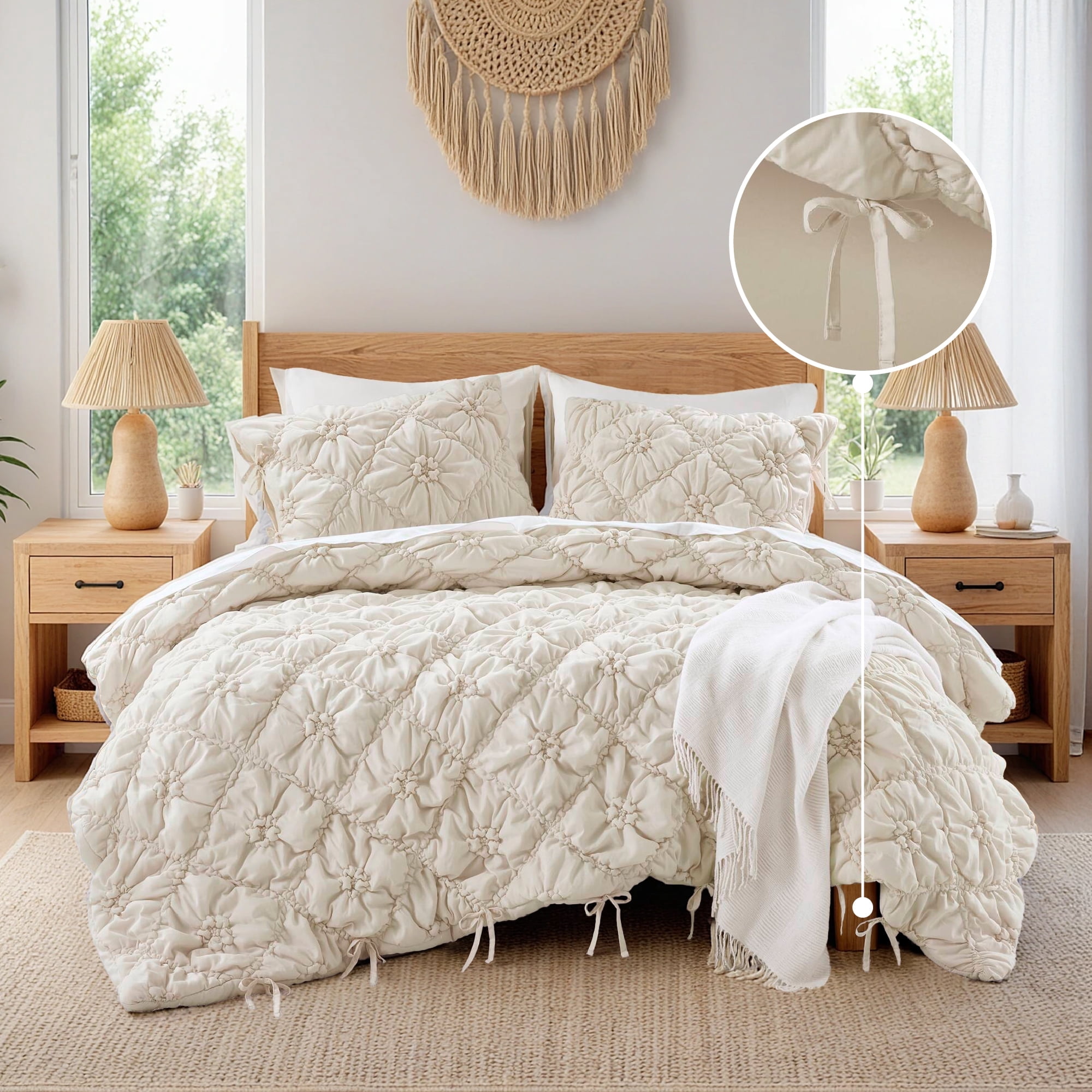 Regency Heights Full/Queen Textured Floral Comforter Set, Puffy Bow Tie Dorm Bedding Sets, 3-Piece Ivory Elastic Ruching Comforter Bed Set with Sham for All Season
