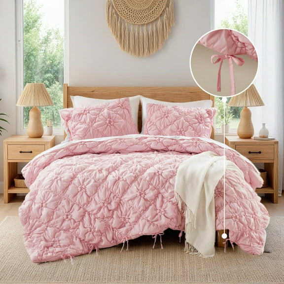 Regency Heights Full/Queen Textured Floral Comforter Set, Puffy Bow Tie Dorm Bedding Sets, 3-Piece Pink Elastic Ruching Comforter Bed Set with Sham for All Season