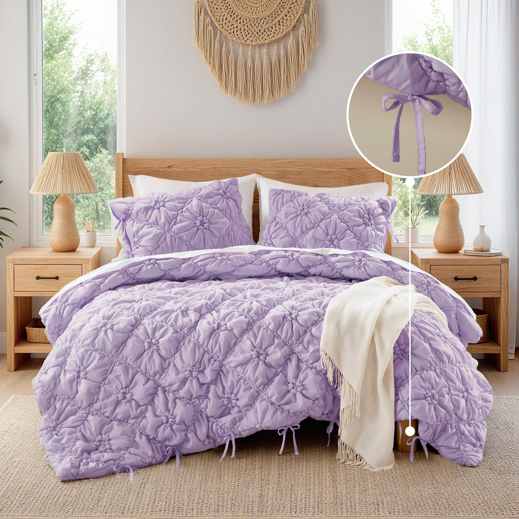 Regency Heights King Textured Floral Comforter Set, Puffy Bow Tie Dorm Bedding Sets, 3-Piece Purple Elastic Ruching Comforter Bed Set with Sham for All Season
