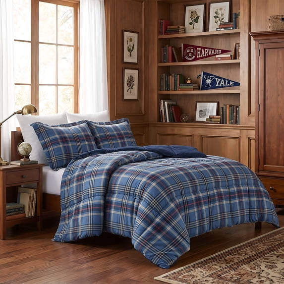 Regency Heights 3-Piece Plaid Comforter Set, Extra Soft Down Alternative Comforter Bed Set for Dorm, Reversible Bedding Set with Pillow Shams for All Season, Navy Blue, Full/Queen
