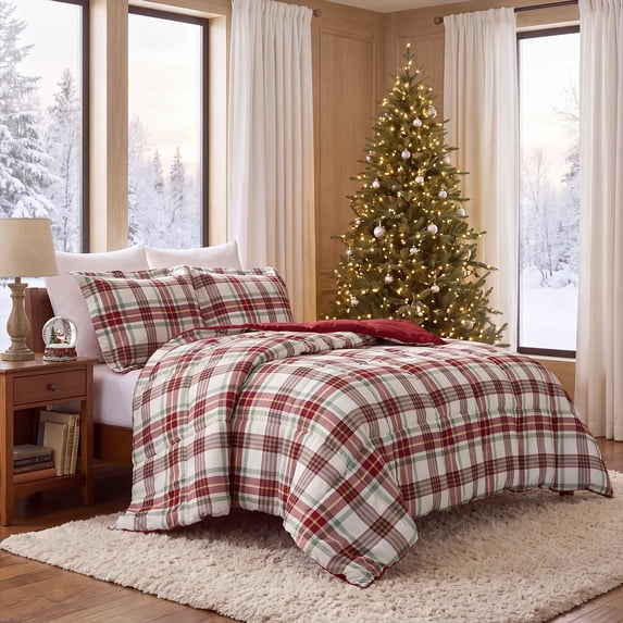 Regency Heights 3-Piece Plaid Comforter Set, Extra Soft Down Alternative Comforter Bed Set for Dorm, Reversible Bedding Set with Pillow Shams for All Season, Red, Full/Queen
