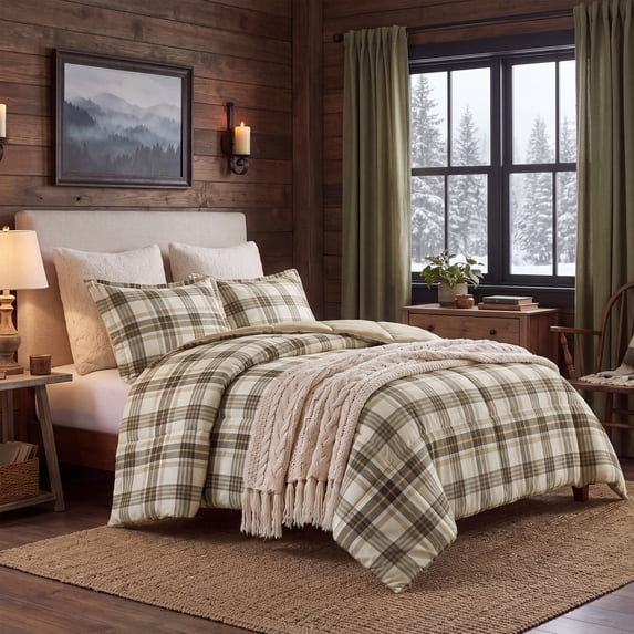 Regency Heights 3-Piece Plaid Comforter Set, Extra Soft Down Alternative Comforter Bed Set for Dorm, Reversible Bedding Set with Pillow Shams for All Season, Beige, King/Cal King
