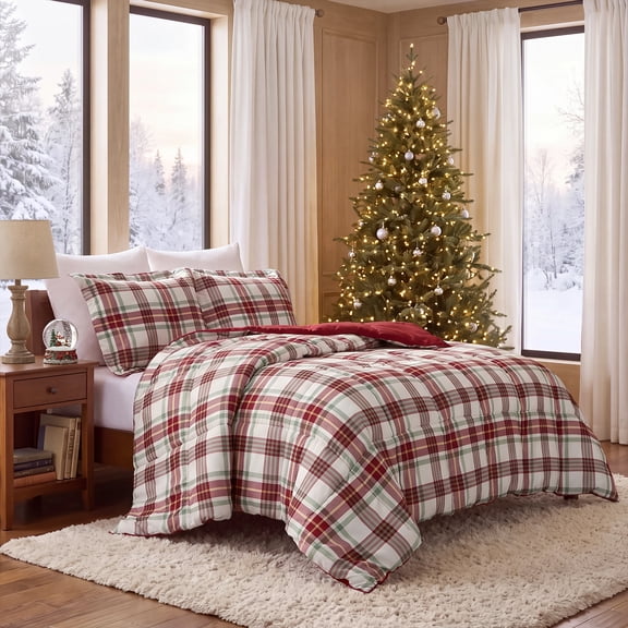 Regency Heights 3-Piece Plaid Comforter Set, King/Cal King Down Alternative Comforter Bed Set, EXtra Soft All Season Reversible Bedding Set with Pillow Shams, Red