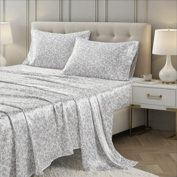 Regency Heights Satin Printed Sheet Set, Animal Printed Satin Twin Bed Sheets, 3-Piece Luxury Silky Bedding Sets with Pillowcase, Gray Leopard