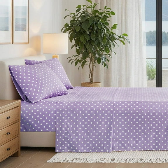 Regency Heights Cotton Sheet Set, 3-Piece Twin Bed Sheets with Pillowcase, Polka Dots Printed Sheet Bedding Sets for Kids, Purple