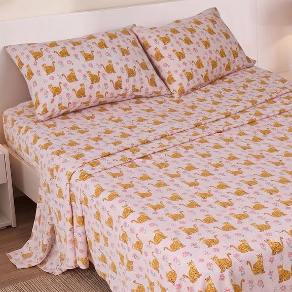 Regency Heights Flannel Cotton Sheet Set, 4-Piece Queen Bed Sheets with Pillowcase, Pink Leopard Printed Sheet Bedding Sets, Multicolor