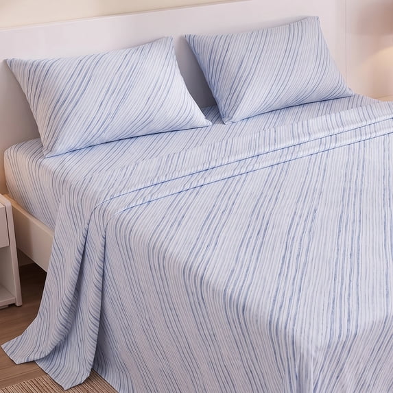 Regency Heights Flannel Cotton Sheet Set, 4-Piece Queen Bed Sheets with Pillowcase, Stripe Printed Sheet Bedding Sets, Blue