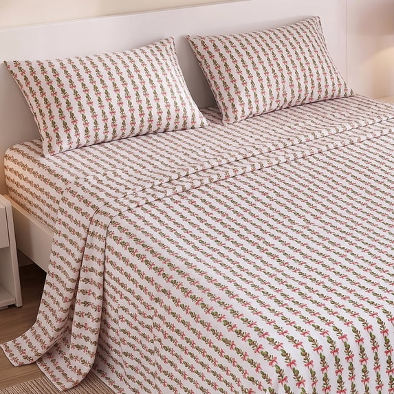Regency Heights Flannel Cotton Sheet Set, 4-Piece Queen Bed Sheets with Pillowcase, Mistletoe Bows Printed Sheet Bedding Sets, Multicolor