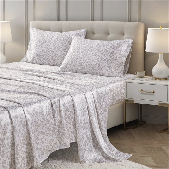 Regency Heights Satin Printed Sheet Set, Animal Printed Satin Full Bed Sheets, 4-Piece Luxury Silky Bedding Sets with Pillowcase, Taupe Leopard