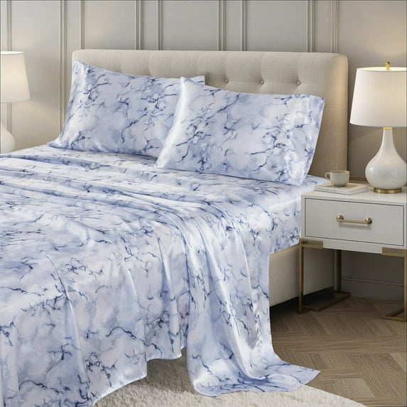 Regency Heights Satin Printed Sheet Set, Marble Printed Satin Queen Bed Sheets, 4-Piece Luxury Silky Bedding Sets with Pillowcase, Blue Marble