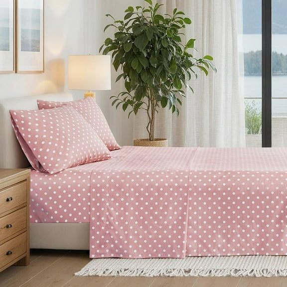 Regency Heights Cotton Sheet Set, 4-Piece Queen Bed Sheets with Pillowcase, Polka Dots Printed Sheet Bedding Sets for Kids, Pink
