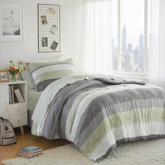 Regency Heights 5 Piece Stripe Comforter Set, Twin Size Bed in a Bag Bedding Set for Dorm Room, Comforter Bed Set with Flat Sheet and Fitted Sheet, Green/Grey