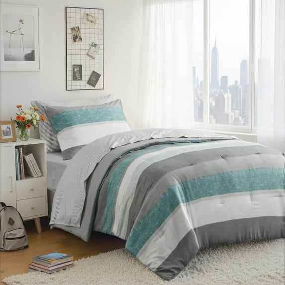 Regency Heights 5 Piece Stripe Comforter Set, Twin Size Bed in a Bag Bedding Set for Dorm Room, Comforter Bed Set with Flat Sheet and Fitted Sheet, Aqua/Grey