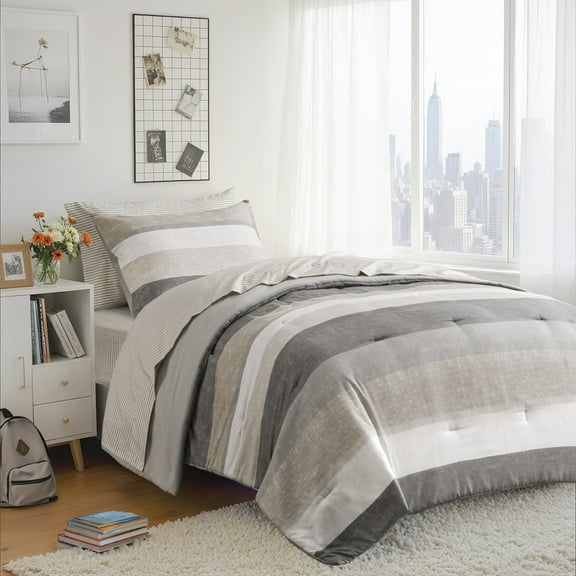 Regency Heights 5 Piece Stripe Comforter Set, Twin Size Bed in a Bag Bedding Set for Dorm Room, Comforter Bed Set with Flat Sheet and Fitted Sheet, Taupe/Grey
