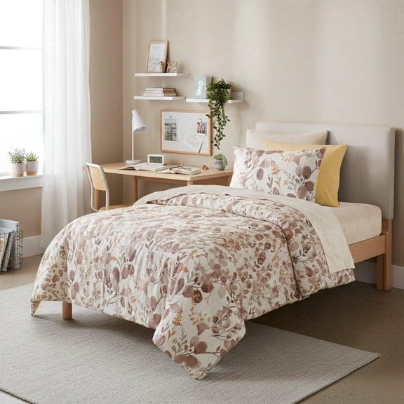 Regency Heights 6-Piece Twin Size Seersucker Comforter Set with Sheets, Botanical Bed in A Bag for College Dorm Room, Brown Bedding Comforter Set with Sheet Set with Side Pocket