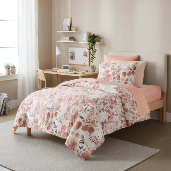 Regency Heights 6-Piece Twin Size Seersucker Comforter Set with Sheets, Botanical Bed in A Bag for College Dorm Room, CoralBedding Set with Comforter, Flat Sheet, Fitted Sheet with Side Pocket