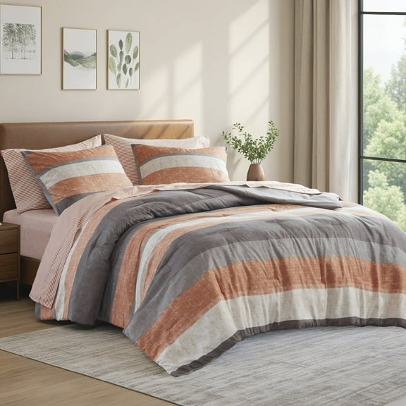 Regency Heights 7 Piece Stripe Comforter Set, Full Size Bed in a Bag Bedding Set for All Seasons, Comforter Bed Set with Flat Sheet and Fitted Sheet, Coral/Grey