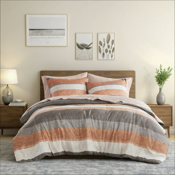 Regency Heights 7 Piece Stripe Comforter Set, California King Size Bed in a Bag Bedding Set for Dorm Room, Comforter Bed Set with Flat Sheet and Fitted Sheet, Coral/Grey