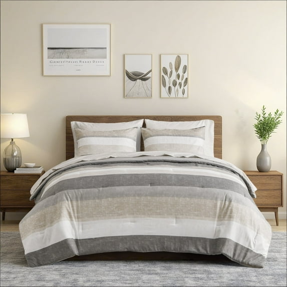 Regency Heights 7 Piece Stripe Comforter Set, California King Size Bed in a Bag Bedding Set for All Seasons, Comforter Bed Set with Flat Sheet and Fitted Sheet, Taupe/Grey
