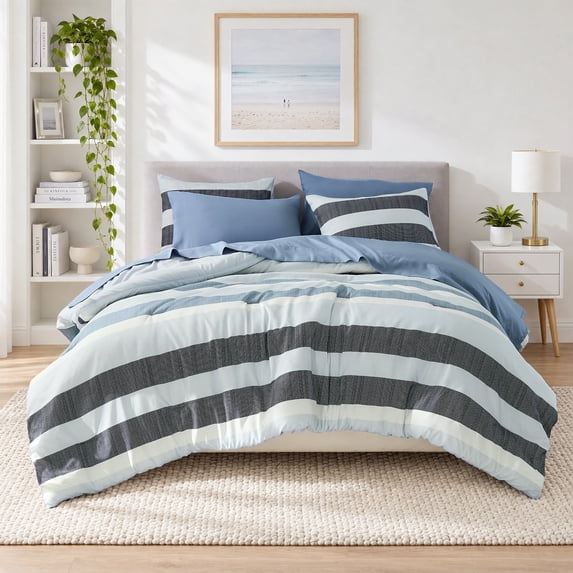 Regency Heights 7-Piece Comforter Sets, Reversible Striped Comforter Set for Dorm, Lightweight All Season Bedding Set with Pillow Shams,Full, Navy/Blue