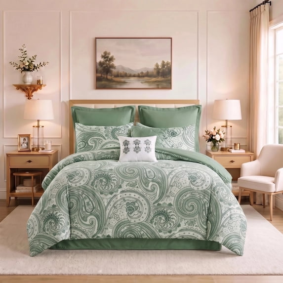 Regency Heights Essential 8-Piece Paisley Comforter Set Shabby Chic Bedding with Bed Skirt and Decor Pillows,Cal King,Green