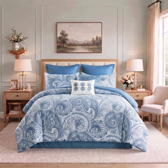 Regency Heights Essential 8-Piece Paisley Comforter Set Shabby Chic Bedding with Bed Skirt and Decor Pillows,Queen,Coastal Blue