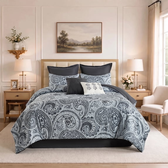 Regency Heights Essential 8-Piece Paisley Comforter Set Shabby Chic Bedding with Bed Skirt and Decor Pillows,King,Black