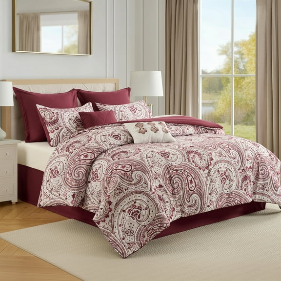 Regency Heights 8-Piece Comforter Set Reversible Floral Bedding with Bed Skirt and Decor Pillows,King,Red