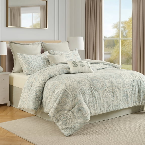 Regency Heights 8-Piece Comforter Set Reversible Floral Bedding with Bed Skirt and Decor Pillows,Queen,Aqua