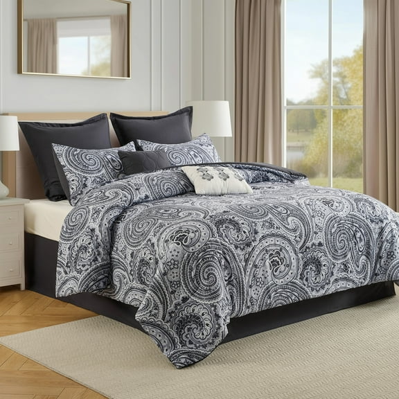Regency Heights 8-Piece Comforter Set Reversible Floral Bedding with Bed Skirt and Decor Pillows,Queen,Black