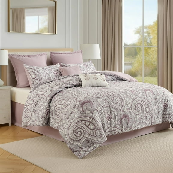 Regency Heights 8-Piece Comforter Set Reversible Floral Bedding with Bed Skirt and Decor Pillows,Queen,Plum Pink
