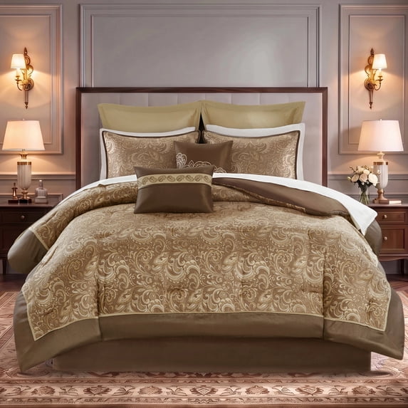 Regency Heights 8 Pieces Jacquard Comforter Set with Bedskirt and Decor Pillows, Cal King, Brown