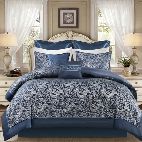 Regency Heights 8 Pieces Jacquard Comforter Set with Bedskirt and Decor Pillows, Cal King, Navy