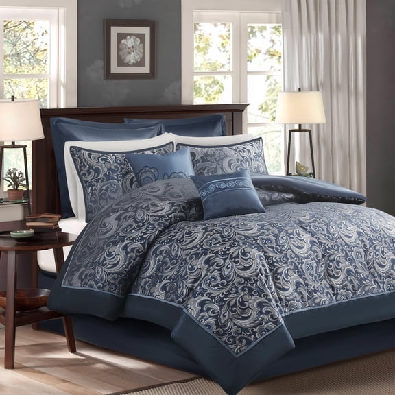 Regency Heights 8 Pieces Jacquard Comforter Set with Bedskirt and Decor Pillows, King, Navy
