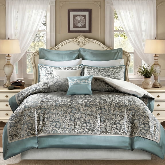 Regency Heights 8 Pieces Jacquard Comforter Set with Bedskirt and Decor Pillows, King, Teal
