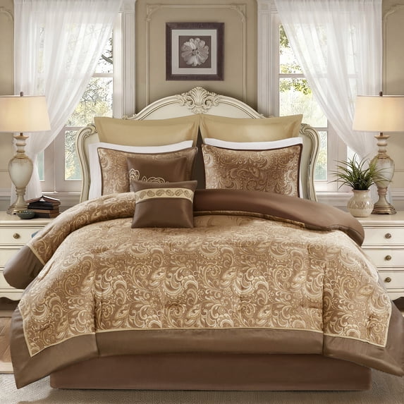 Regency Heights 8 Pieces Jacquard Comforter Set with Bedskirt and Decor Pillows, Queen, Brown